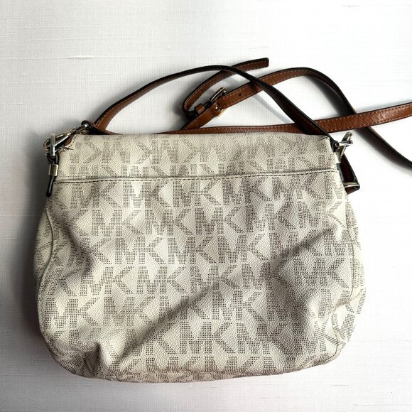 Michael Kors Bradford Crossbody MK Logo Flap Bag Beige/Brown Adjustable Strap - Picture 3 of 16